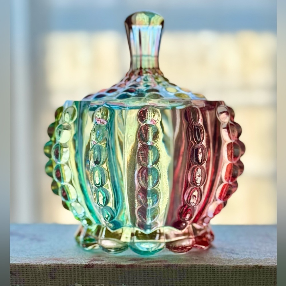New Rainbow Fluted Knobby Glass Jewelry, Trinket, Candy Dish Decor w/ Lid - 4.5”